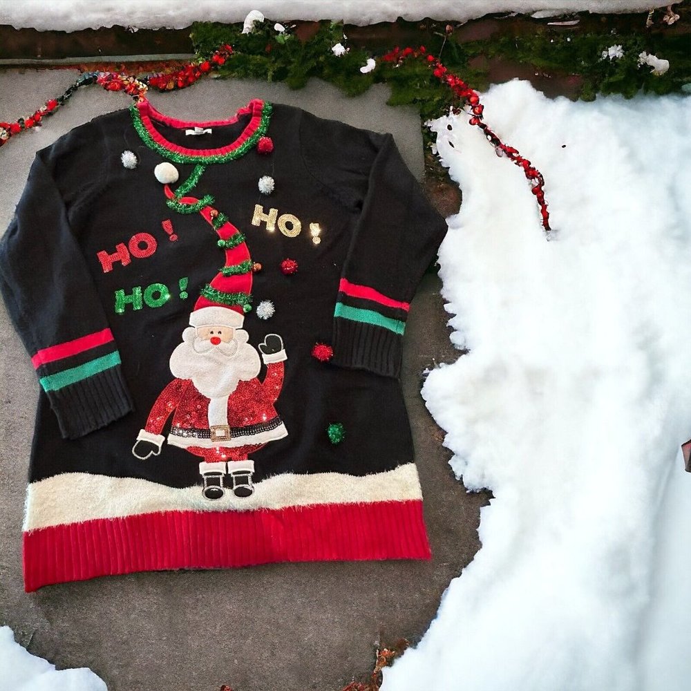Kela Women Black Soft Ugly Santa Ho Ho Ho Sweater Sequin Pom Poms Size Lg